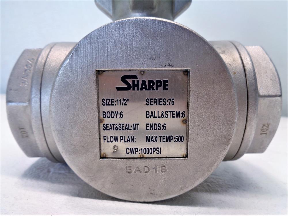 Sharpe 1-1/2" NPT 3-Way Ball Valve, Stainless Steel, Series 76
